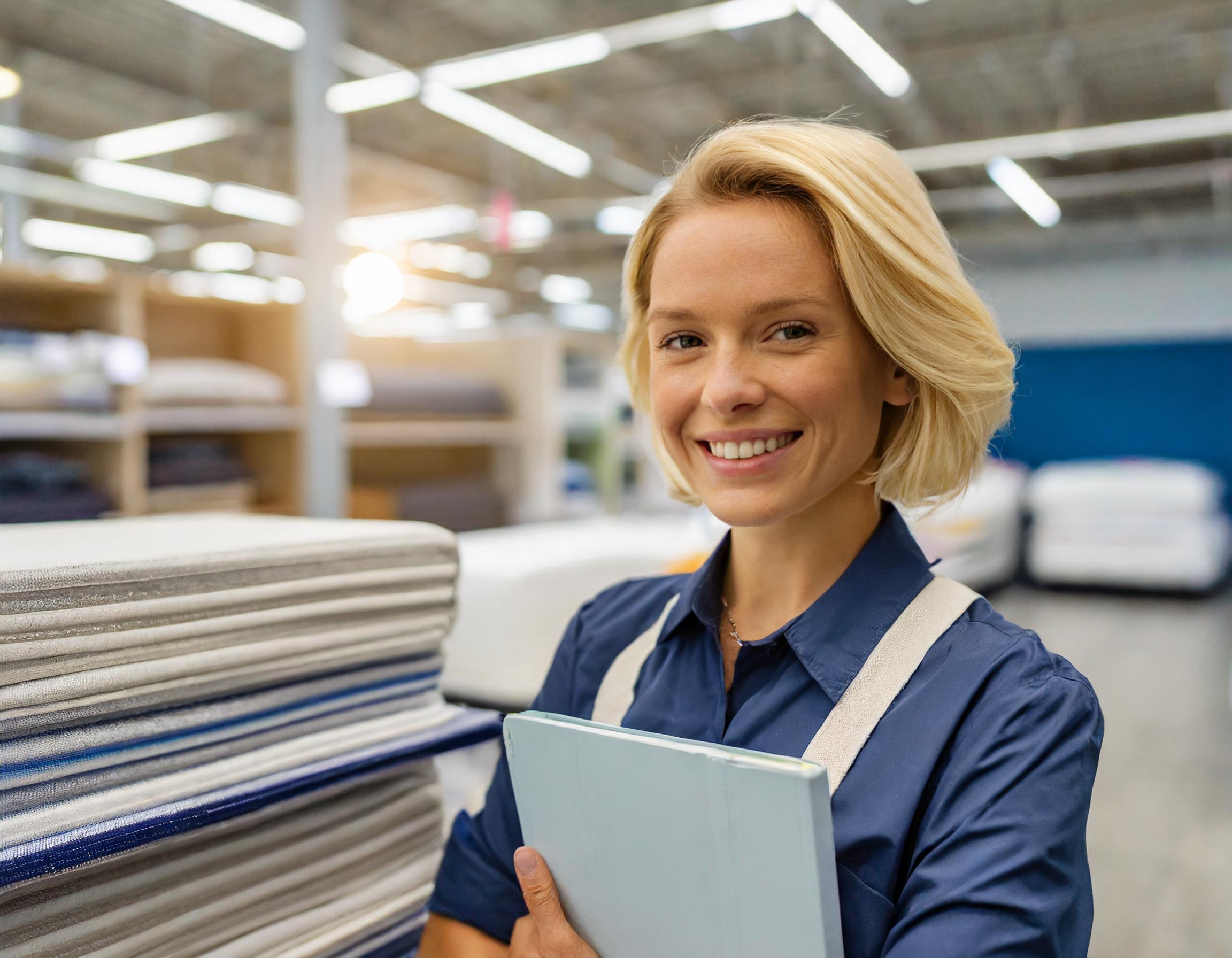 Junge Frau mit blonden Haaren, Brille und professionellem Look
